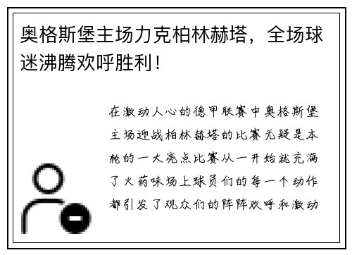 奥格斯堡主场力克柏林赫塔，全场球迷沸腾欢呼胜利！