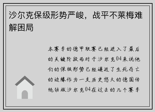 沙尔克保级形势严峻，战平不莱梅难解困局